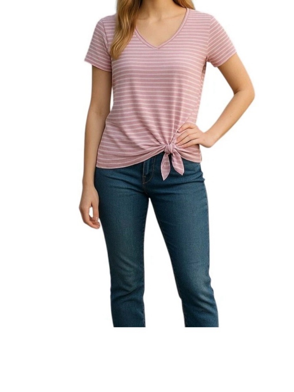 Matty M Light Pink White Jersey Knot Tie Up V Neck Soft T Shirt Top Size Medium